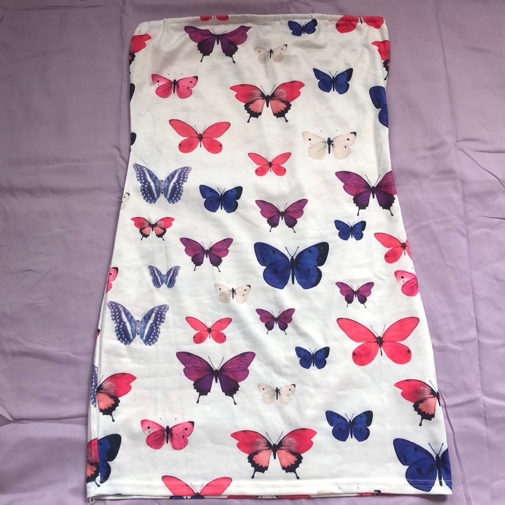 White strapless mini butterfly printed  dress